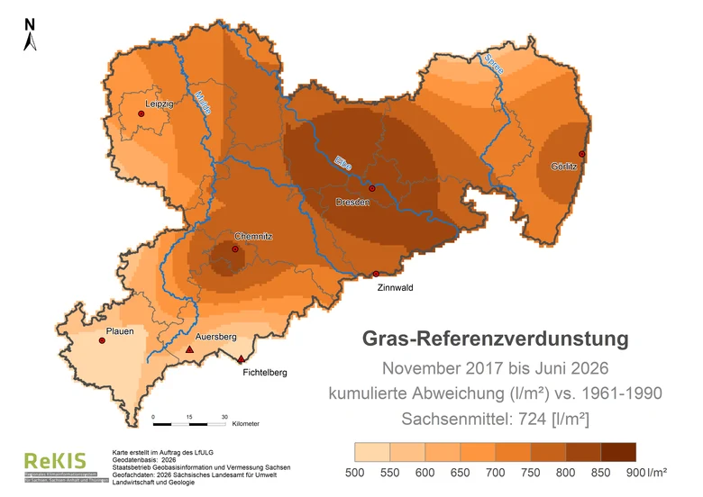 farbige Sachsenkarte der Grasreferenzverdunstung vs 1961-1990