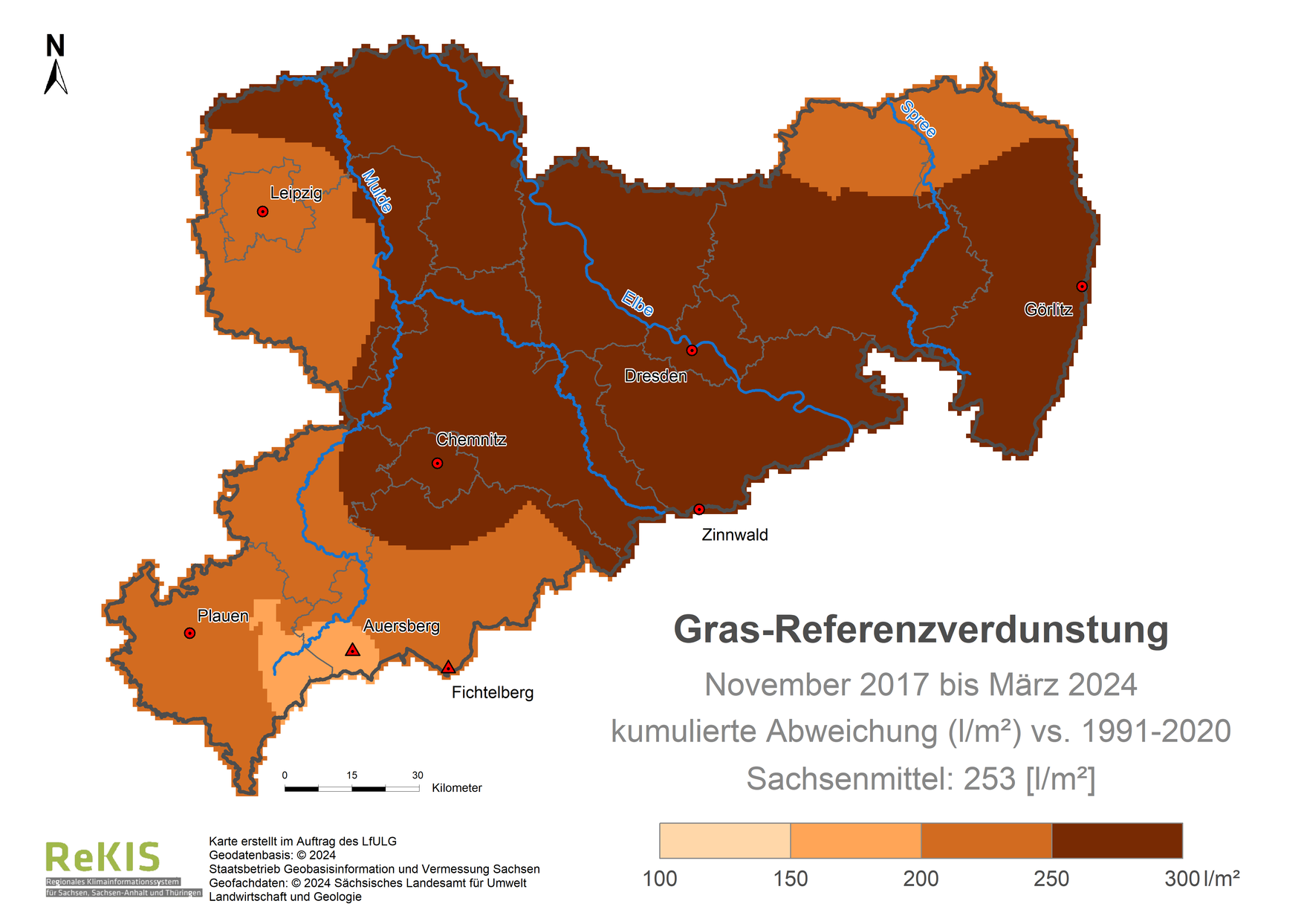 Karte Sachsen mit Darstellung der Gras-Referenzverdunstung im Vergleich zum Referenzzeitraum 1991 bis 2020