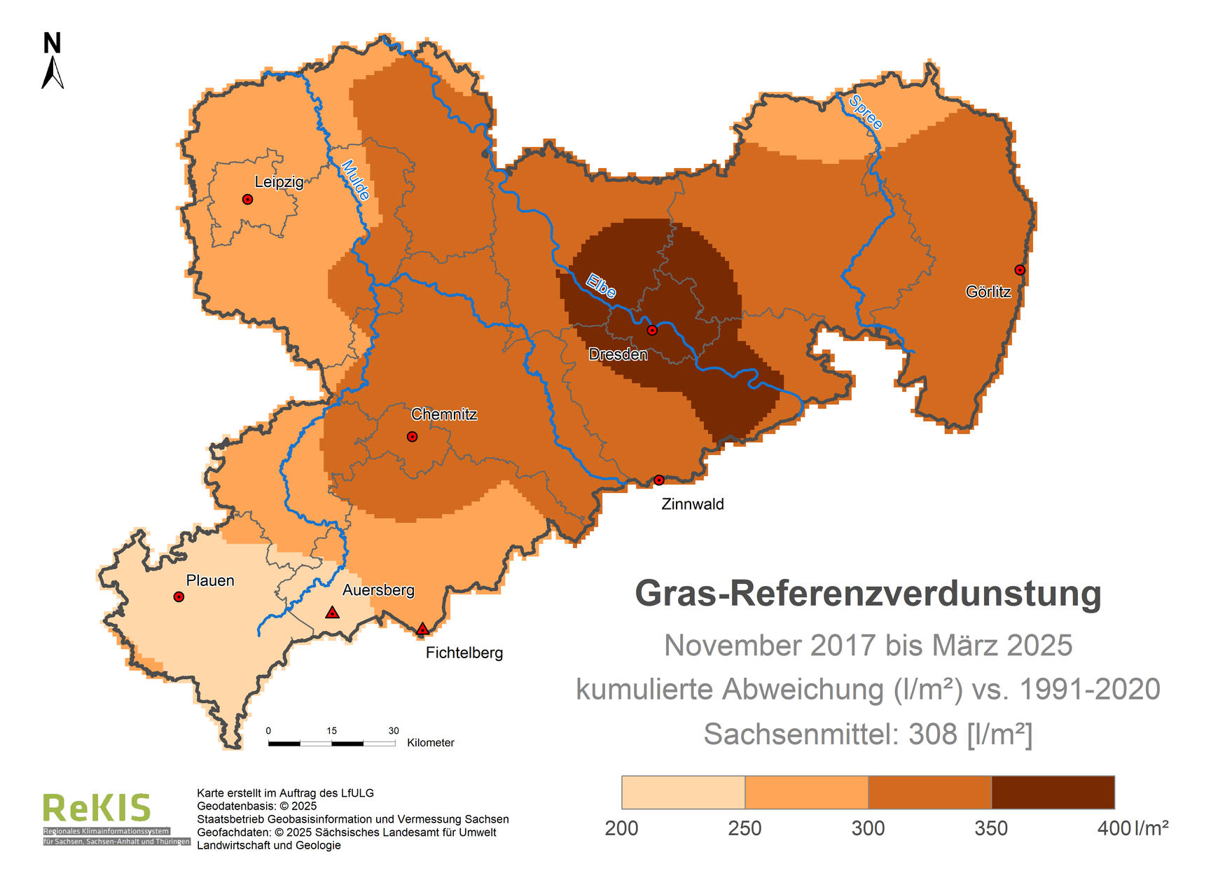 Karte Sachsen mit Darstellung der Gras-Referenzverdunstung im Vergleich zum Referenzzeitraum 1991 bis 2020