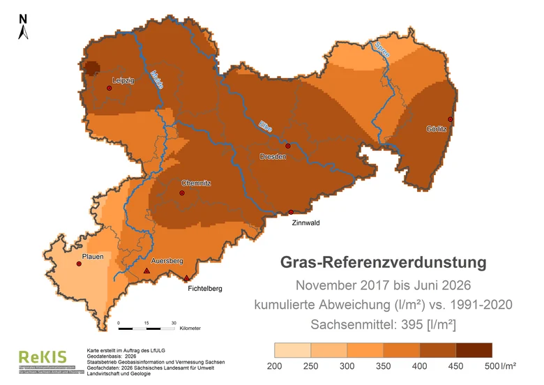 farbige Sachsenkarte zur aktuelle Grasreferenzverdunstung vs 1991-2020