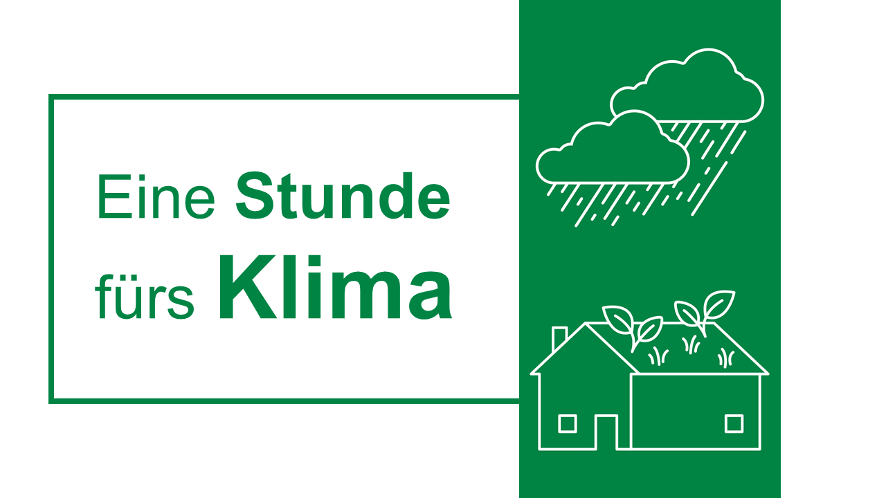 grüner Text mit grünem Rahmen "Eine Stunde fürs Klima" rechts daneben 2 Icons: Regenwolken mit Starkregen und darunter ein Haus mit Dachbegründung