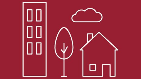 Piktogramm mit weißen Linien auf rotem Hintergrund: einfaches Einfamilienhaus, Baum, Wolke und Wohnblock