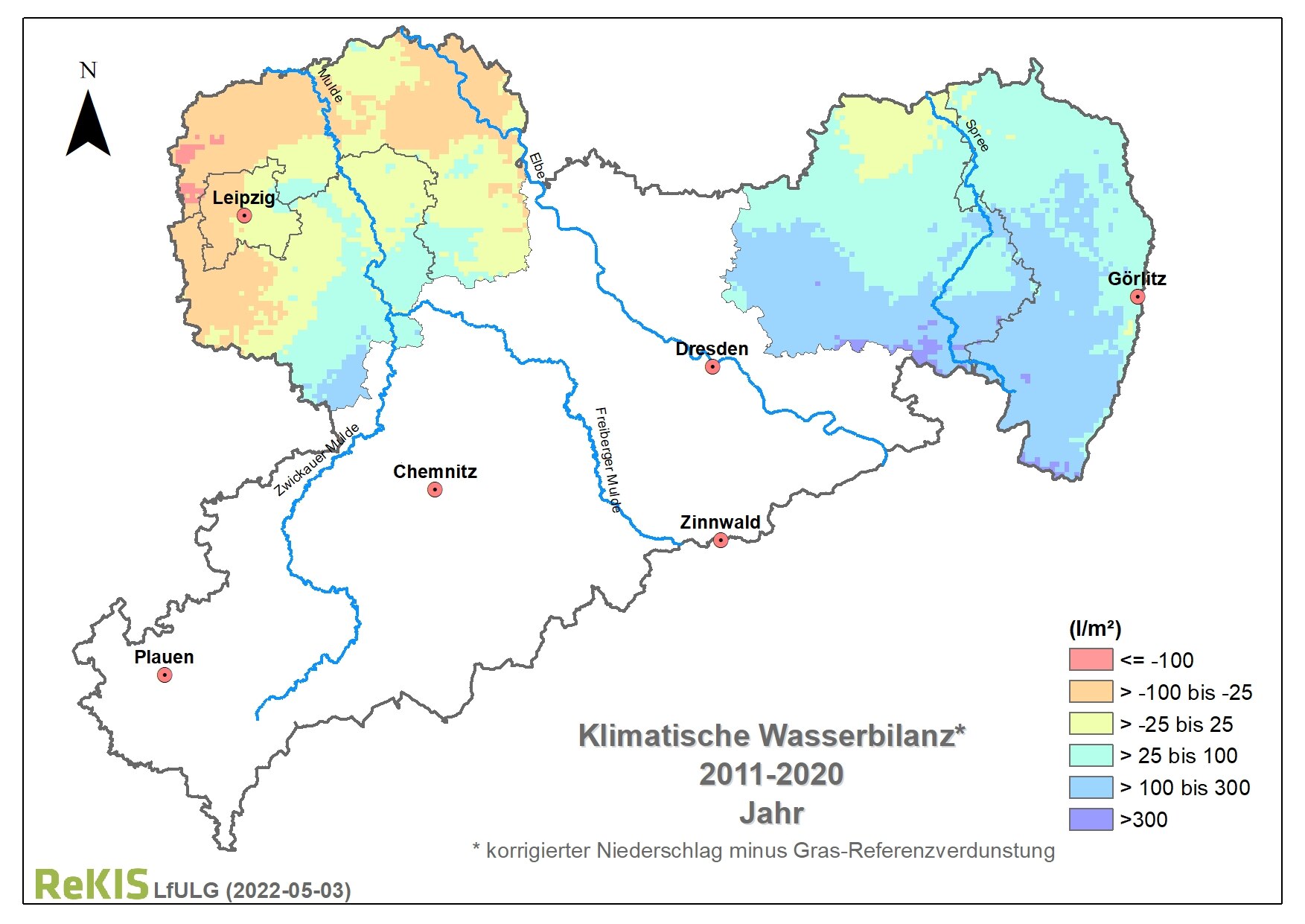 Karte mit klimatischer Wasserbilanz für die Strukturwandelregionen Nordsachsen und Lausitz