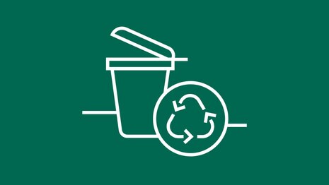 Piktogramm zeigt auf dunkel grünem Hintergründ mit weißen Linien eine halb offene Mülltonne, davor das Zeichen für Recycling (Kreis mit Pfeilen drin)