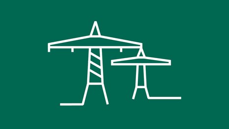 Piktogramm zeigt mit weißen Linien zwei Masten einer Stromtrasse auf dunkel Grünem Hintergrund