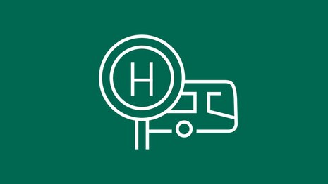 Piktogramm mit weißen Linien auf dunkelgrünem Hintergrund zeigt ein Haltestellenschild "H" mit einem ÖPNV-Bus dahinter.