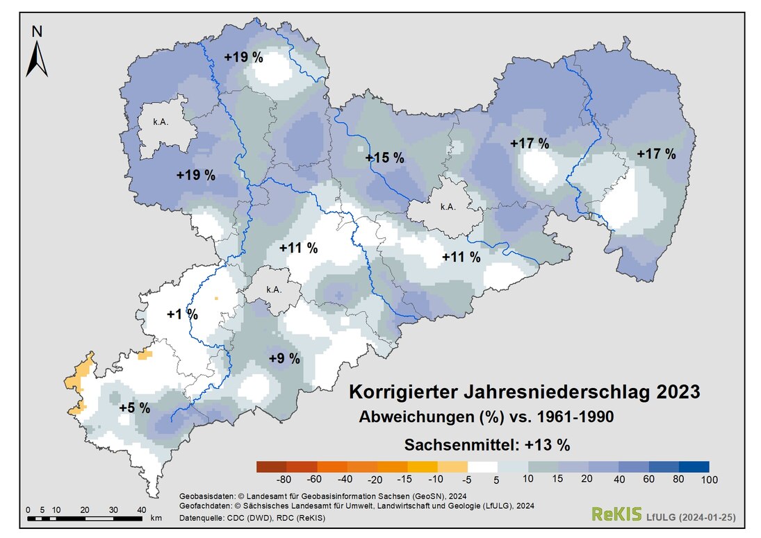 Korrigierter Jahresniederschlag 2023, Sachsenkarte mit Abweichungen vs. 1961-1990 