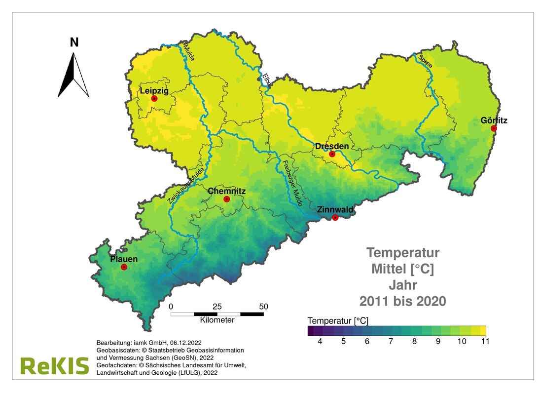 Bild 3: Sachsenkarte mit Verteilung TM 2011 bis 2020. Insgesamt stark aufgehellt in Nord- und Mittelsachsen heißt sehr erwärmt. Erzgebirge ebenfalls wesentlich heller und damit wärmer als in Bild 1. TM hat sich überall erhöht.