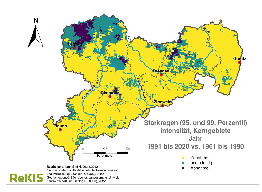 Bild 2: Sachsenkarte mit Änderung Starkregenintensität 1990 bis 2020 in Kerngebieten. Sachsenweit überwiegende helle Fläche gleich Zunahme. Nordsachsen punktuell dunkle Flecken gleich Abnahme und teilweise uneindeutiges Ergebnis.