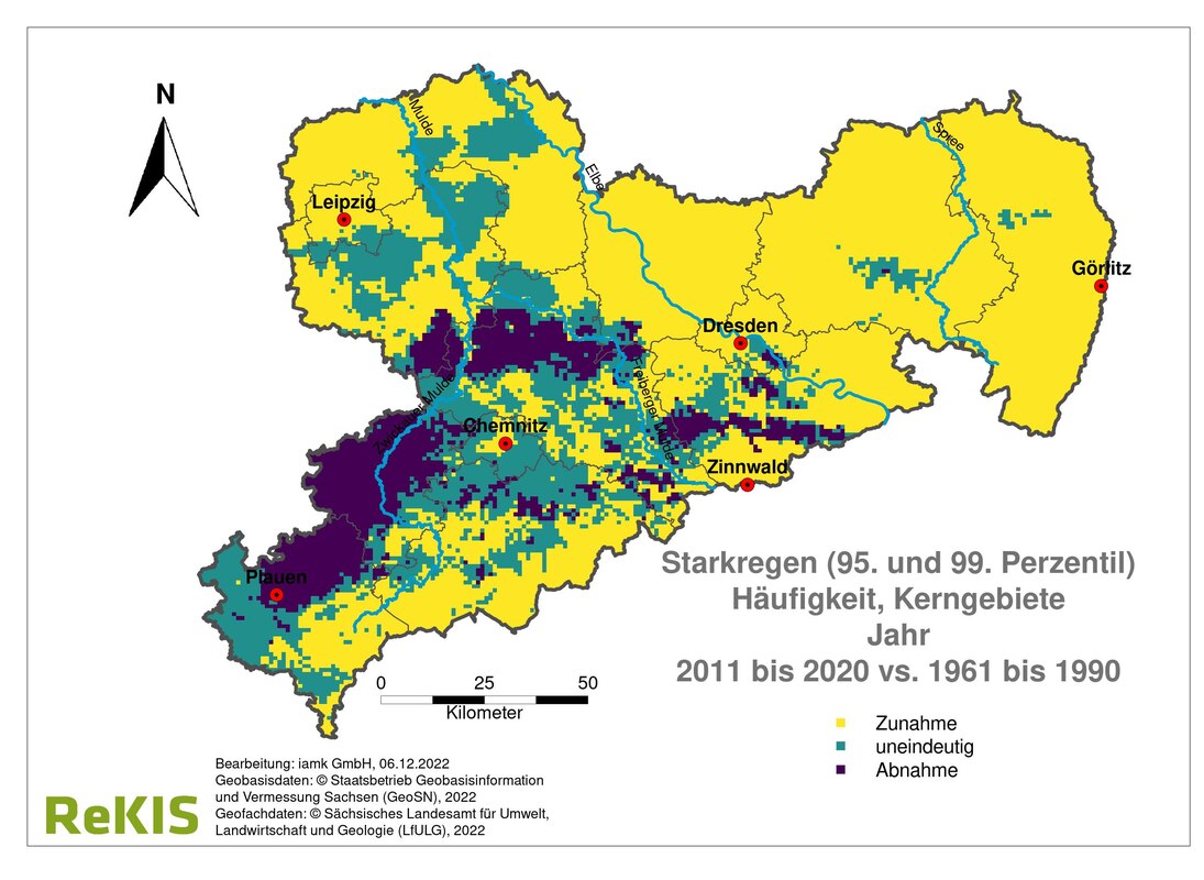 Bild 3: Sachsenkarte mit Änderung Starkregenhäufigkeit 2011 bis 2020 in Kerngebieten. Südwestsachsen großflächig dunkle Flecken gleich Abnahme. Mittelsachsen teilweise uneindeutig. Ostsachsen helle Fläche gleich Zunahme.
