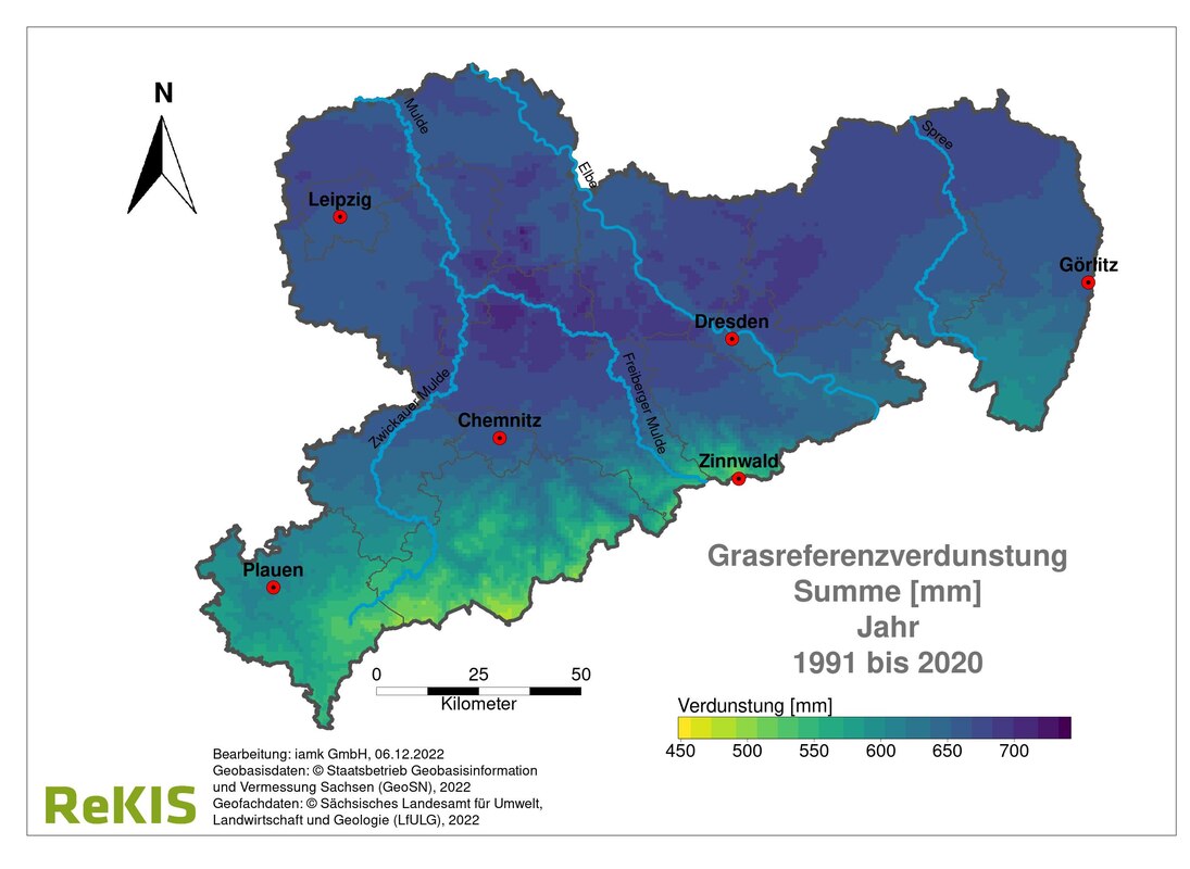 Bild 2: Sachsenkarte GR-Verteilung 1990 bis 2020. GR-Verteilung folgt Landestopografie dadurch Farbgradient. Sachsen insgesamt dunkler Schattiert als in Bild 1. Mehr Kontrast von Flachland mit hoher GR zu Gebirge mit niedriger GR. 