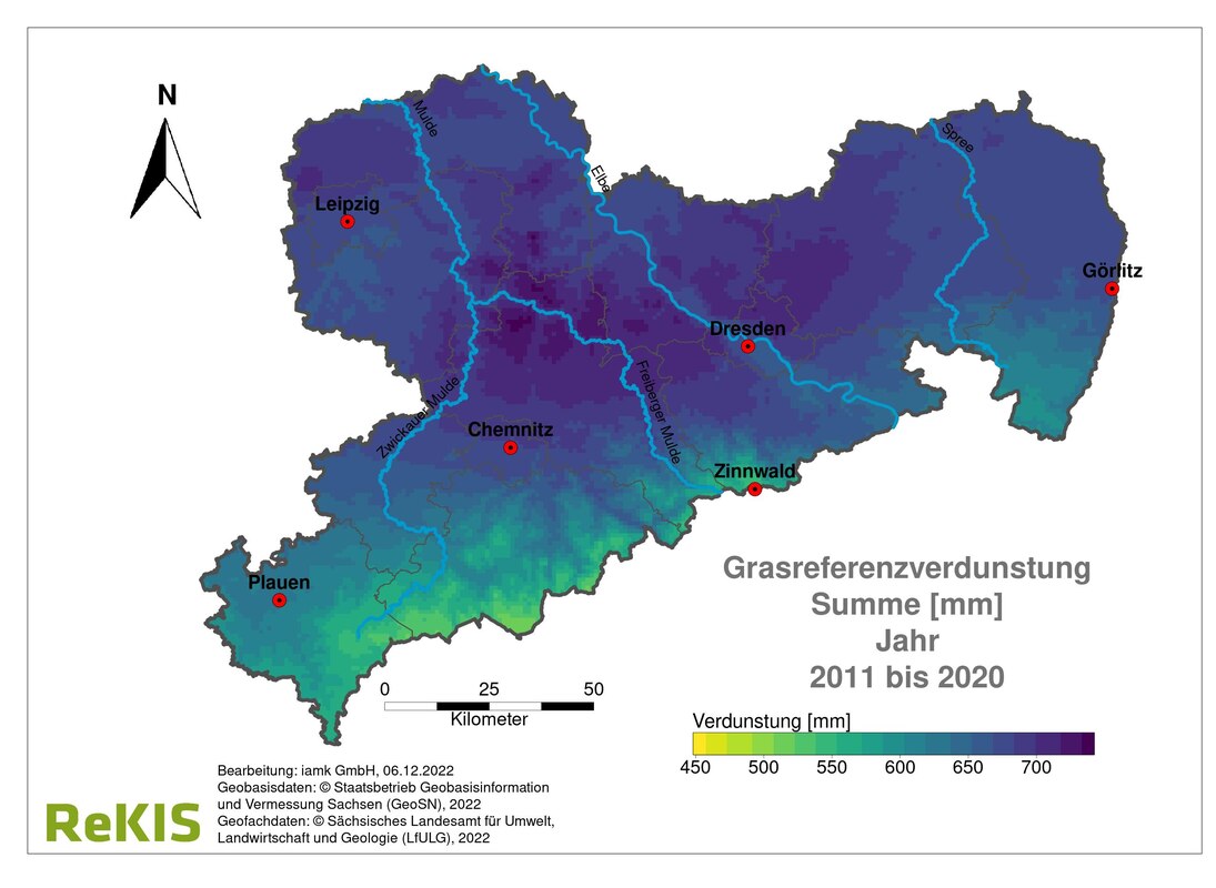Bild 3: Sachsenkarte GR-Verteilung 2011 bis 2020. GR-Verteilung folgt Landestopografie dadurch Farbgradient. Nord- und Mittelsachsen sehr dunkel gleich stark erhöhte GR. Gebirge heller damit niedrigere GR. Starker Kontrast zwischen Flachland und Gebirge.