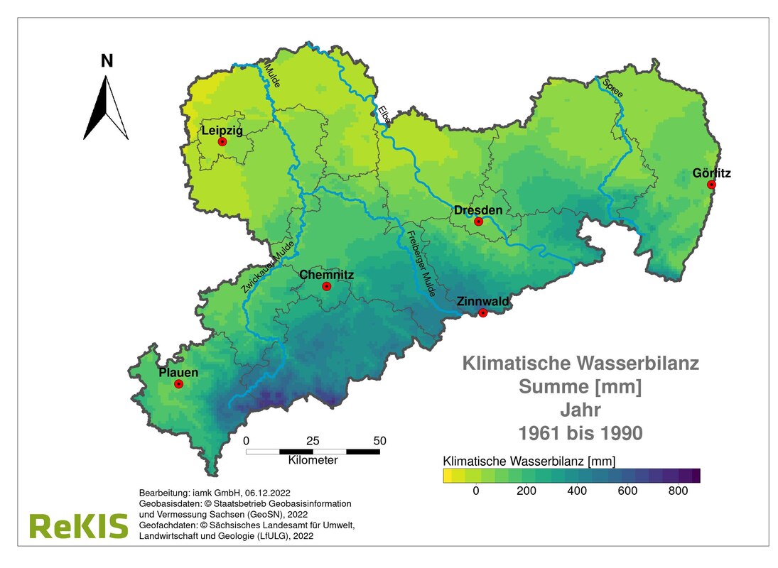 Hinweis: Folgende Bilder zusammenhängend betrachten. Bild 1: Sachsenkarte für Klimatische Wasserbilanz kurz KWB 1961 bis 1990. KWB folgt Landestopografie dadurch Farbgradient. Nordsachsen hell für niedrige KWB. Mittel und Südsachsen dunkler für höhere KWB