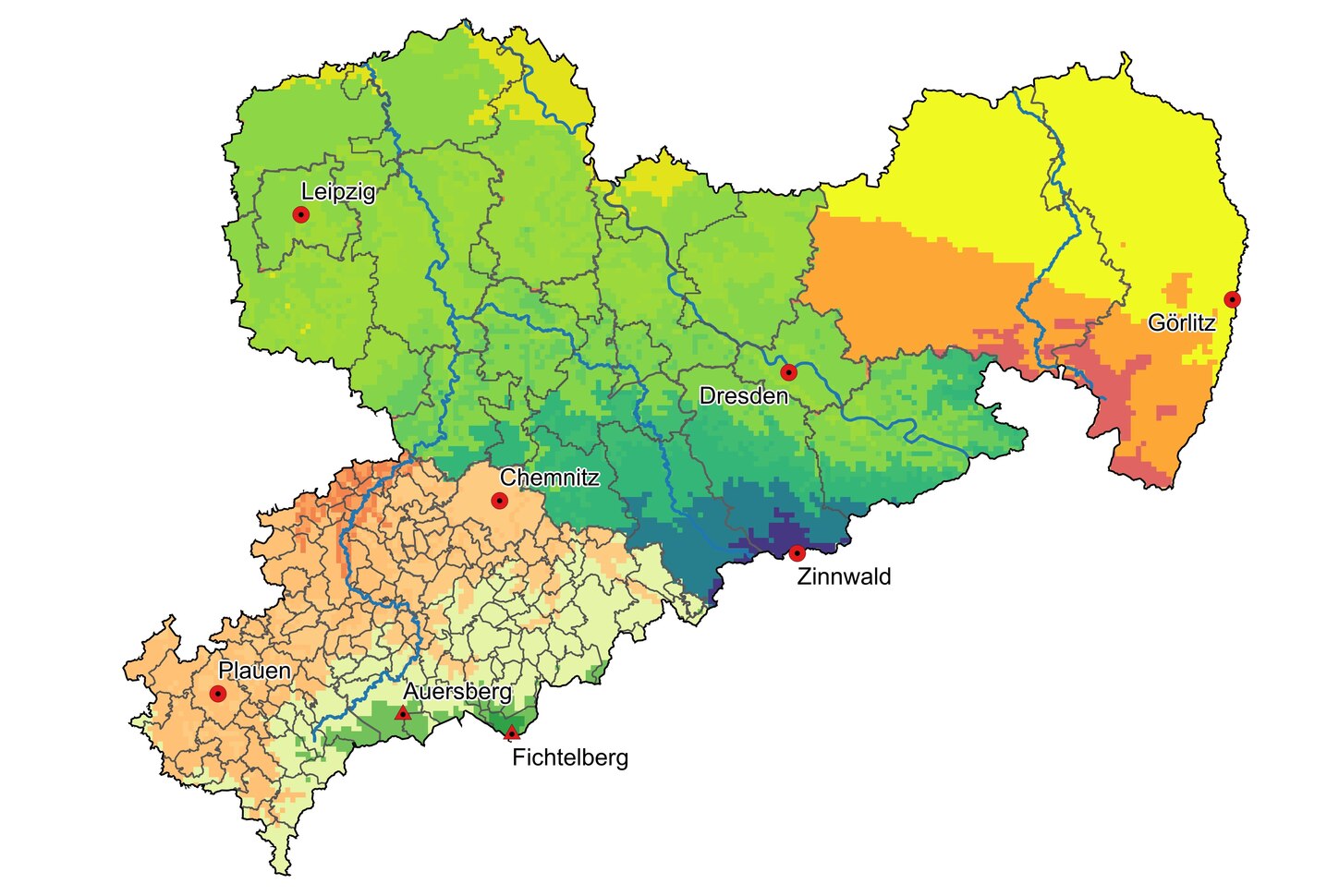 Klimakarte von Sachsen mit unterschiedlichen Regionen: Kommunen, Landkreisen und Leader-Regionen