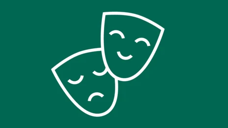 Kultur-Piktogramm Icon: Weiß auf dunkelgrünem Grund, zwei sich überlappende Theatermasken eine mit freudigem eine mit traurigem Gesicht.