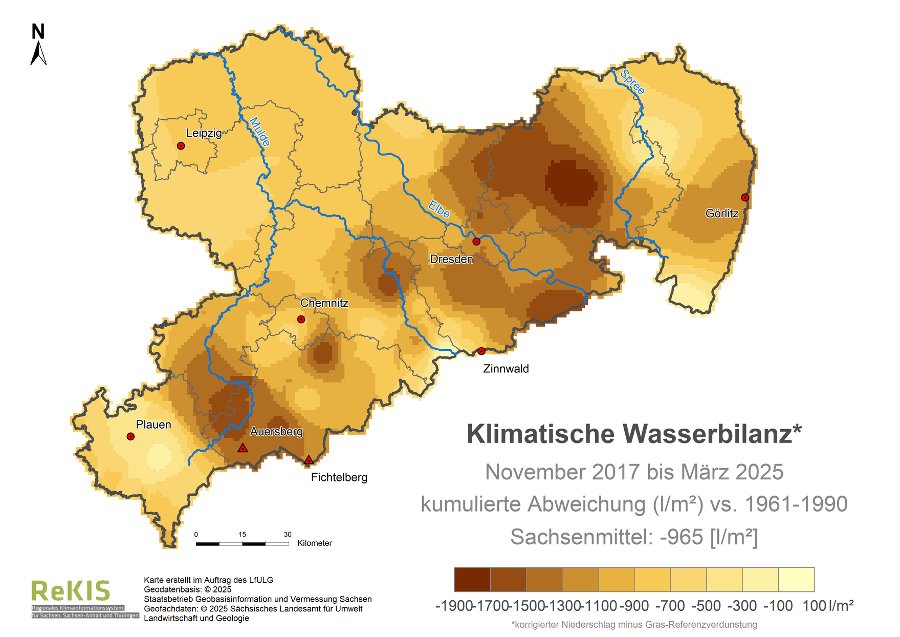 Karte Sachsen mit Darstellung der Klimatischen Wasserbilanz im Vergleich zum Referenzzeitraum 1961 bis 1990