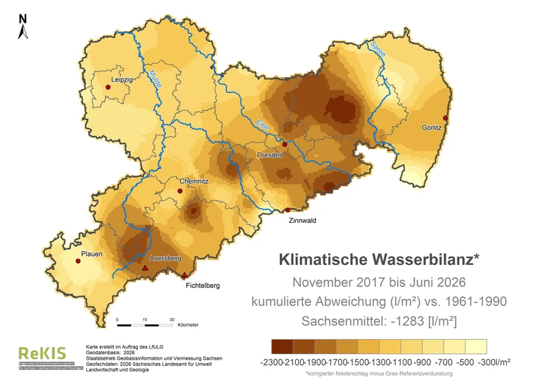 farbige Sachsenkarte zur aktuellen klimatische Wasserbilanz vs 1961-1990