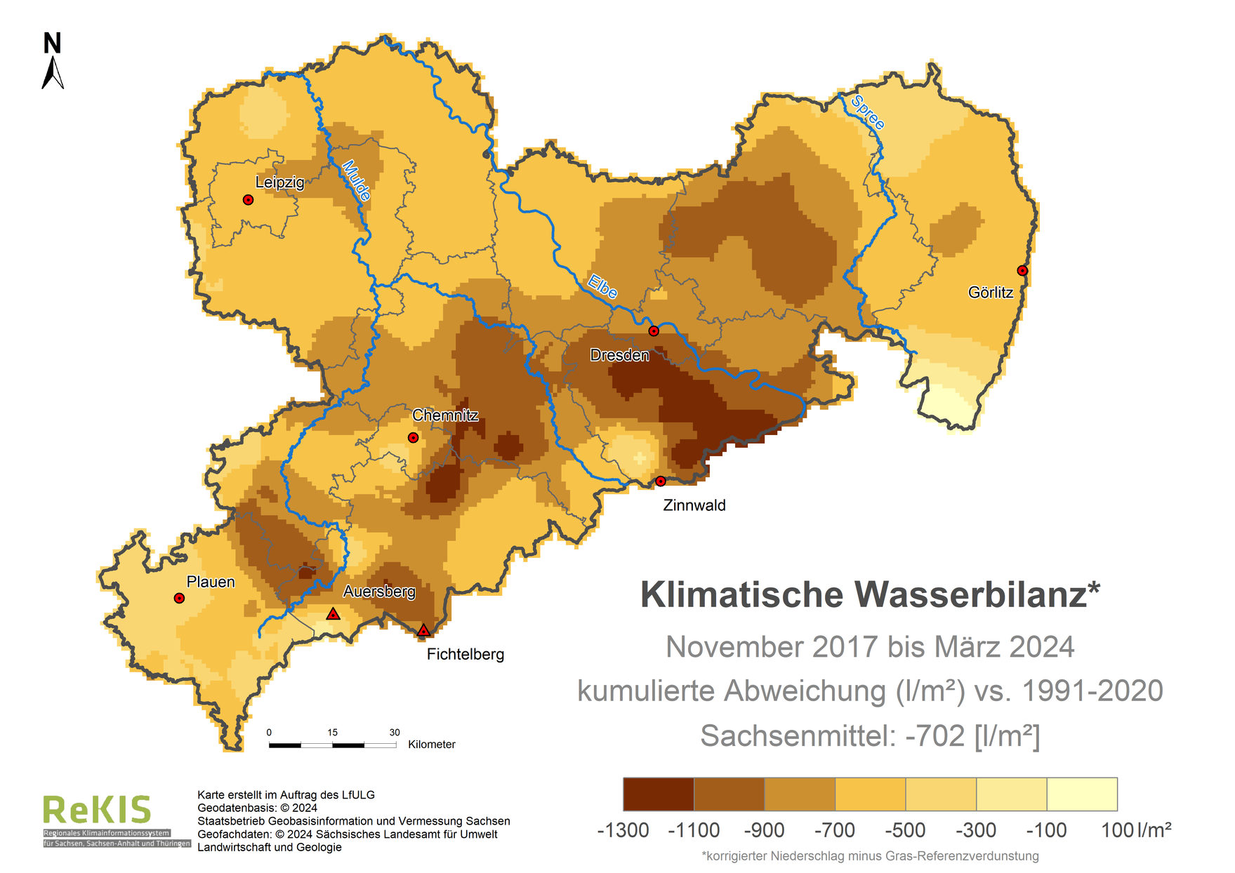 Karte Sachsen mit Darstellung der Klimatischen Wasserbilanz im Vergleich zum Referenzzeitraum 1991 bis 2020