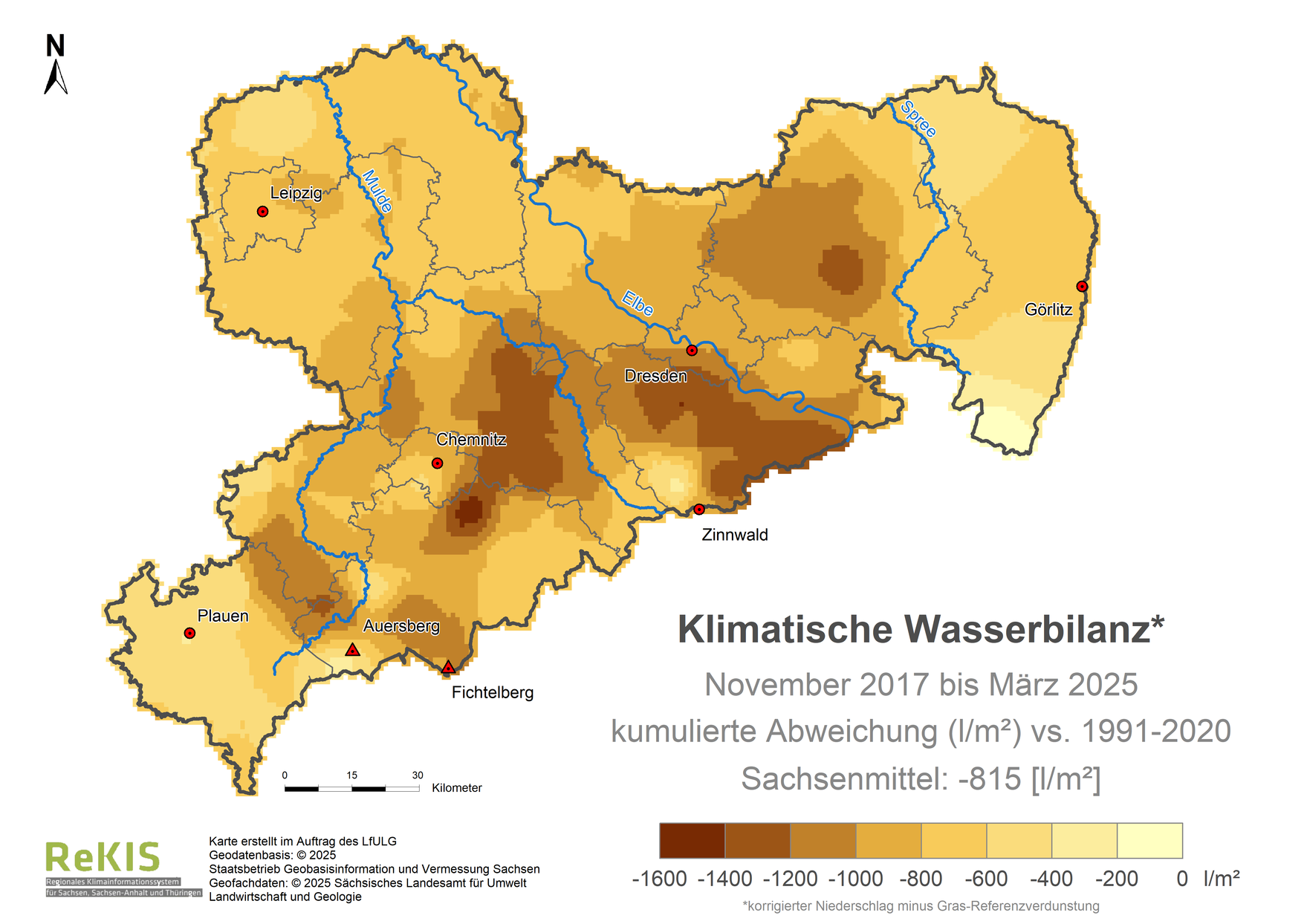 Karte Sachsen mit Darstellung der Klimatischen Wasserbilanz im Vergleich zum Referenzzeitraum 1991 bis 2020