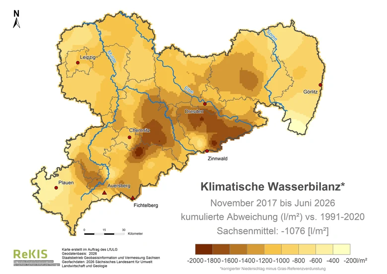 farbige Sachsenkarte zur aktuellen klimatische Wasserbilanz vs 1991-2020