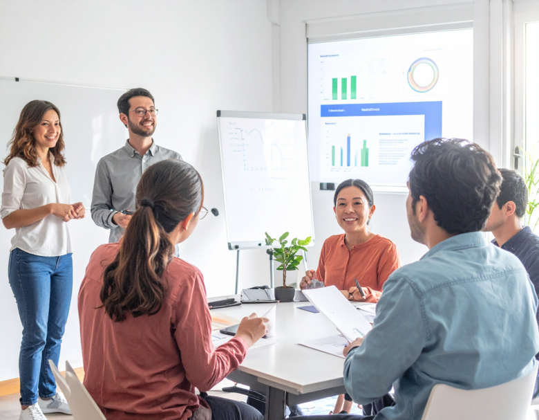 Menschengruppe diskutiert, im Hintergrund sind Diagramme zu sehen