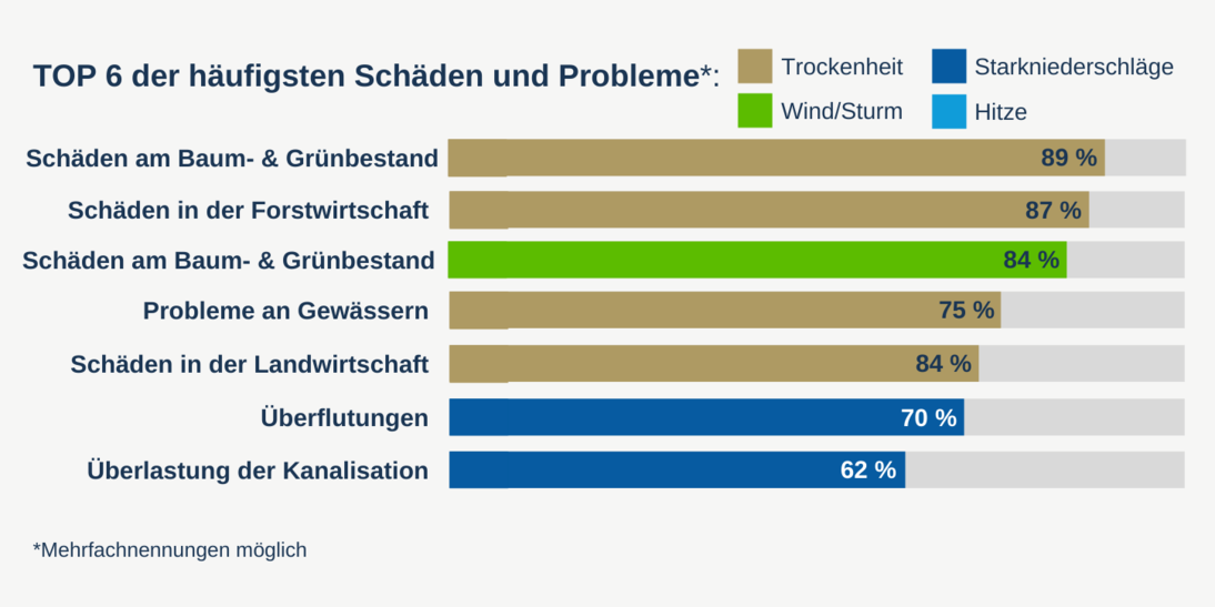 Top 6 Schäden und Probleme (Mehrfachnennungen möglich): Baum- und Gründbestand 89%, Forstwirtschaft 87%, Baumbestand 84%, Gewässer 75%, Landwirtschaft 84%, Überflutungen 70%, Überlastung der Kanalisation 62%